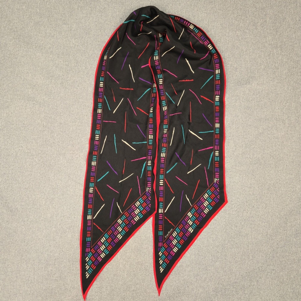 Vintage Evan-Picone Silk Scarf Black Multicolor 80s Confetti Print Pointed Sash